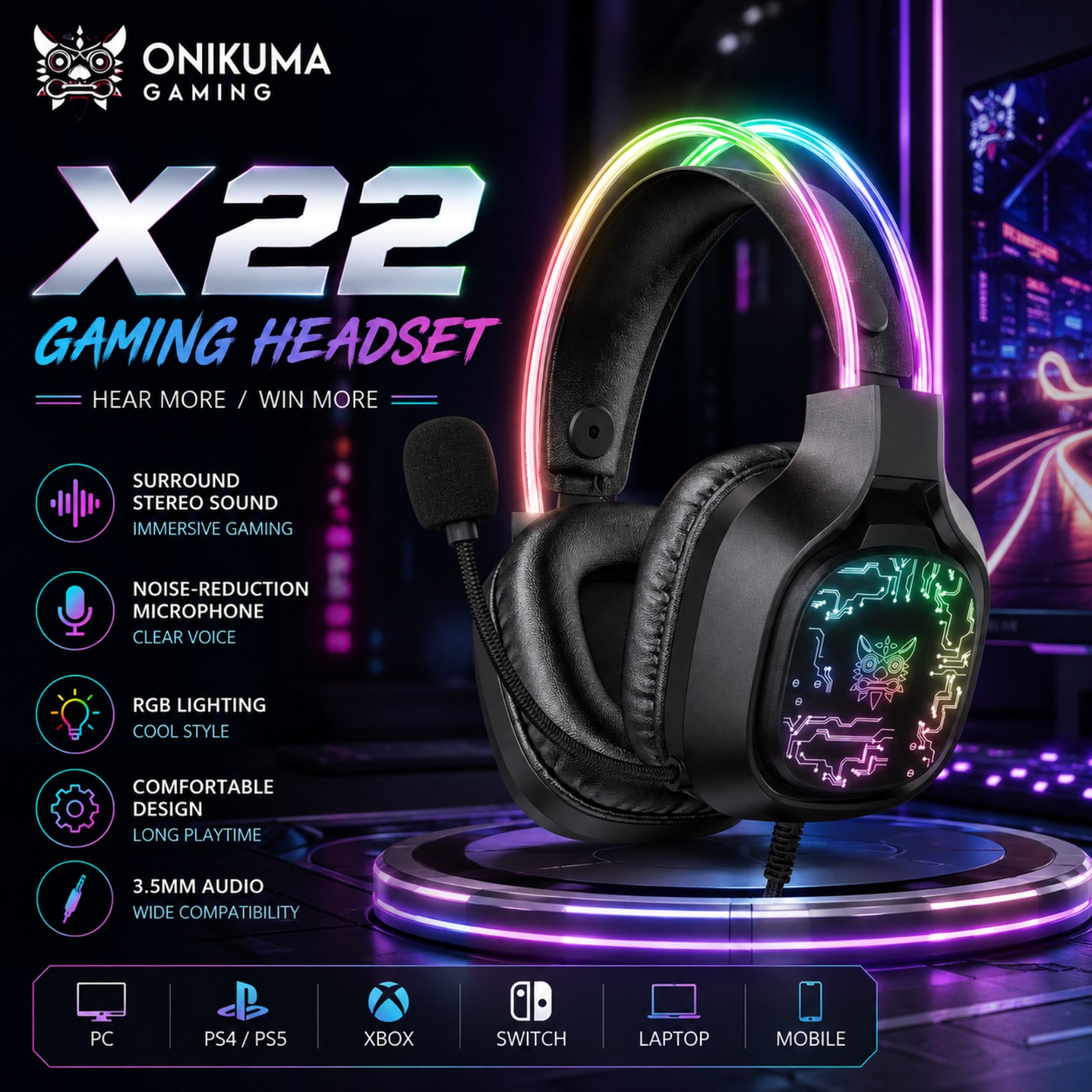 Gaming Headset With Mic Rgb - Casque de jeu filaire ONIKUMA X22