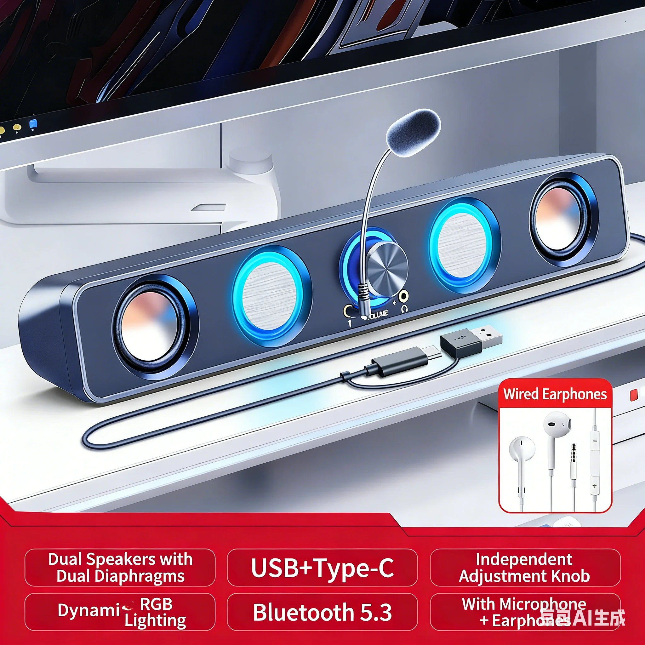Rgb Computer Soundbar For Pc - Système de haut-parleurs home cinéma, barre
